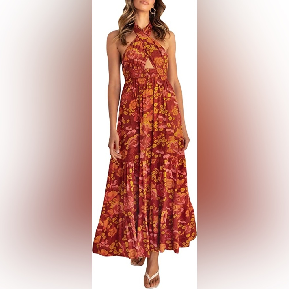 Crossover Halter Neck Sleeveless Cut Out Backless Maxi Dress